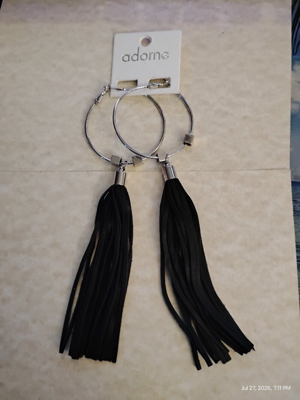 Adorne Genuine Leather Tassel Hoop Earrings Black Silver Tone NEW